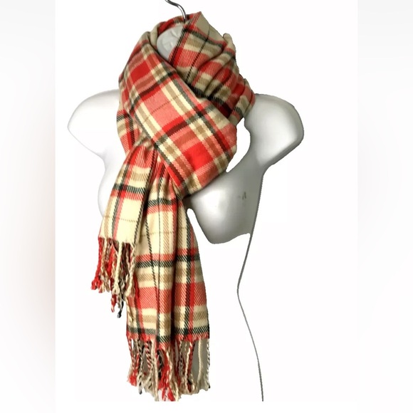 J.Crew Factory Scarf Long Plaid Shawl Wrap Fringe Tan Orange 74 x 24 - Picture 1 of 10